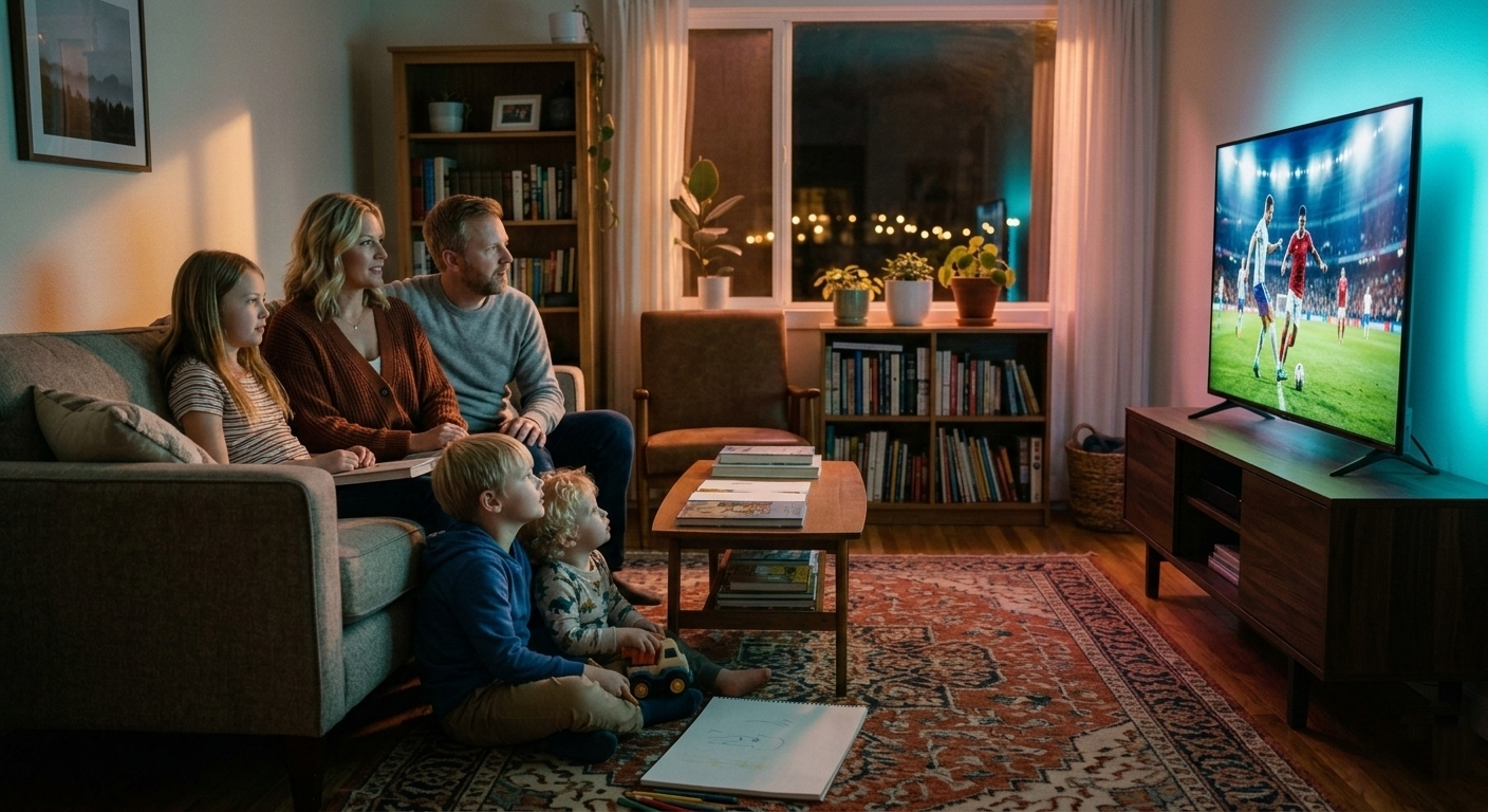 Famille francaise heureuse regardant l'IPTV sur grand ecran 4K